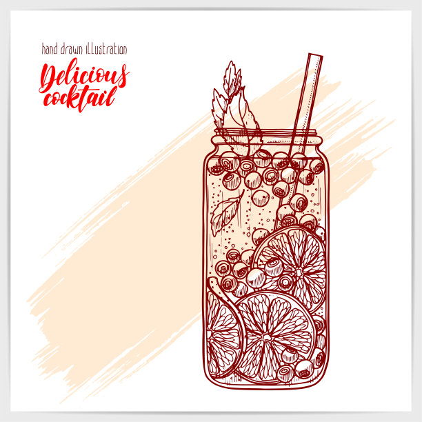 草图卡与美味的新鲜鸡尾酒酸橙，薄荷和浆果。手绘插图与手写标题。图片下载
