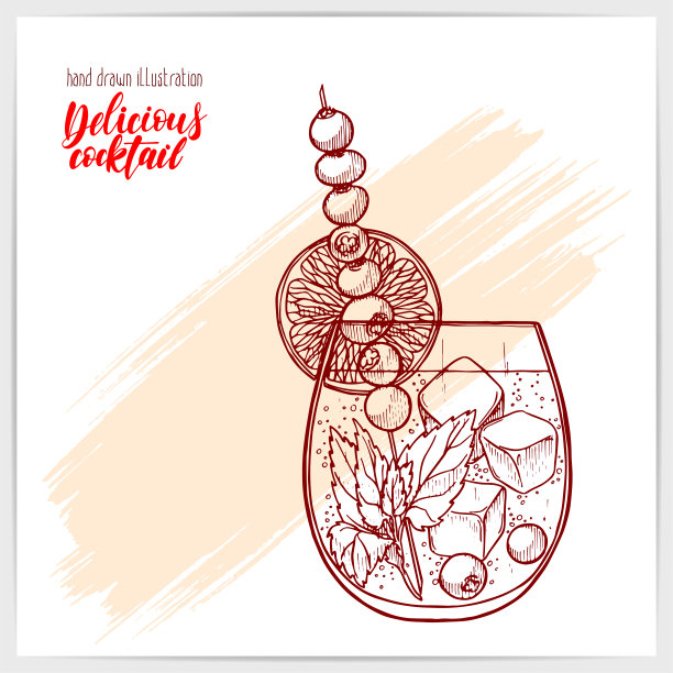 草图卡与美味的新鲜鸡尾酒酸橙，薄荷和浆果。手绘插图与手写标题。图片下载