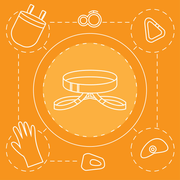 概述攀岩者的设计要素。配备配件和设备。徒步旅行者仪器孤立。设备。衣服，防护用品，绳子和铁环。图片下载