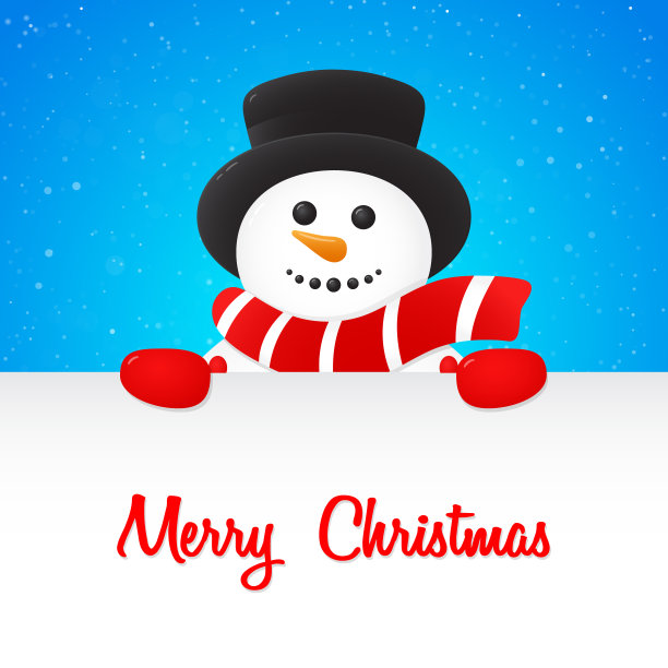 圣诞海报，快乐的雪人拿着一张卡片，在背景上有闪亮的雪花。向量。图片下载