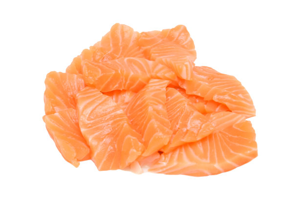 一组在白色背景上分离的生鲑鱼切片图片下载
