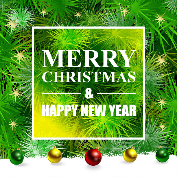 圣诞快乐，恭贺新禧。问候海报与文字在绿色的冷杉树枝与针和现实的玻璃球的背景。图片下载