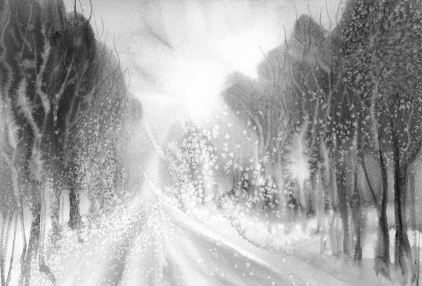 冬季道路水彩风景画图片下载