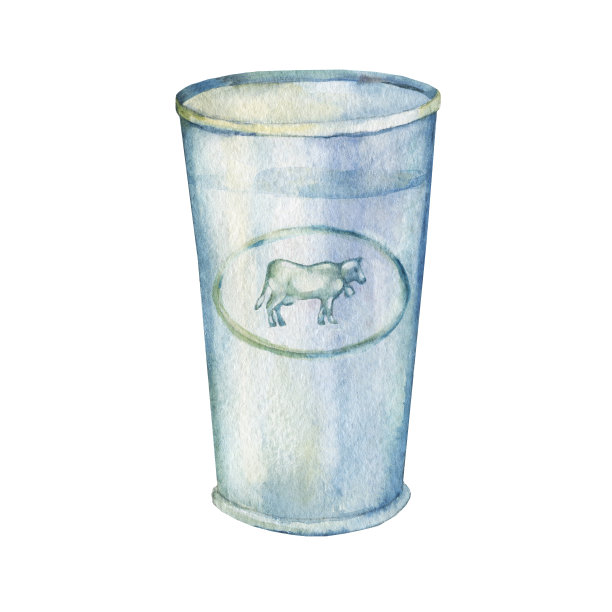 一杯牛奶。手绘水彩画在白色的背景。素材图片