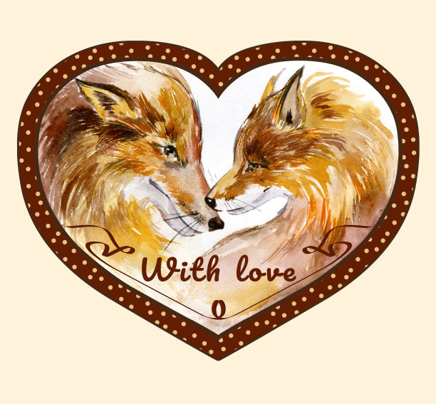 一对正在亲吻的狐狸，白色背景，心形圆点棕色框架上写着“爱”。水彩画。手被淹死。广场。图片下载