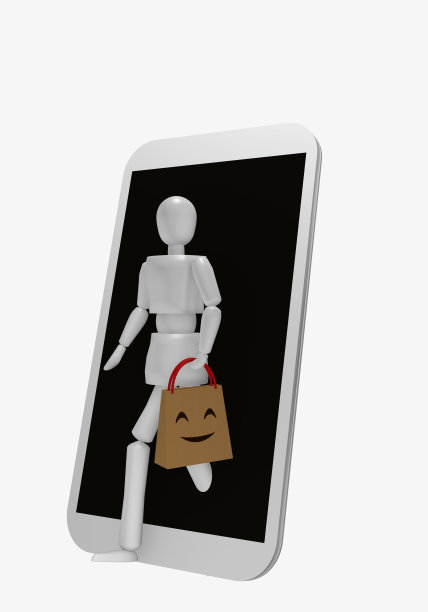 木偶出现在手机屏幕上。她手里拿着一枝购物袋，还带着一笑脸。图片下载