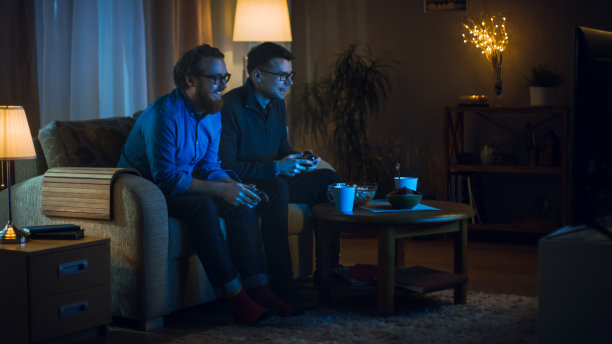 晚上两个朋友坐在客厅的沙发上玩电子竞技游戏。他们互相推搡，很友好。图片下载