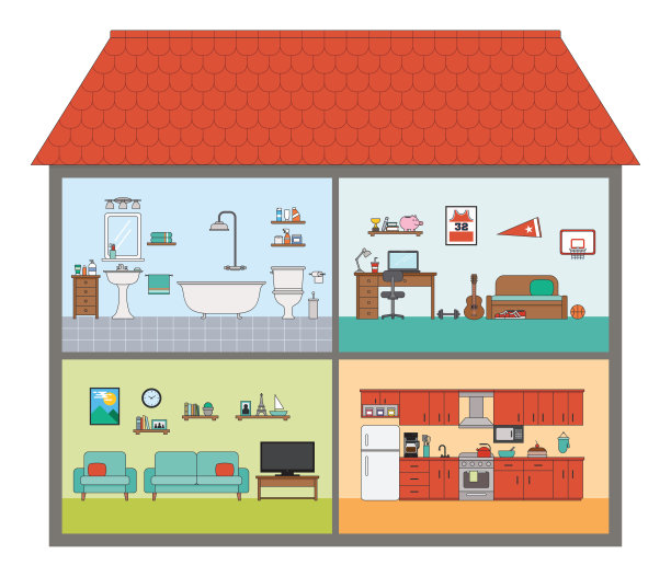 房子在切割室内横截面房间家具平风格图片下载