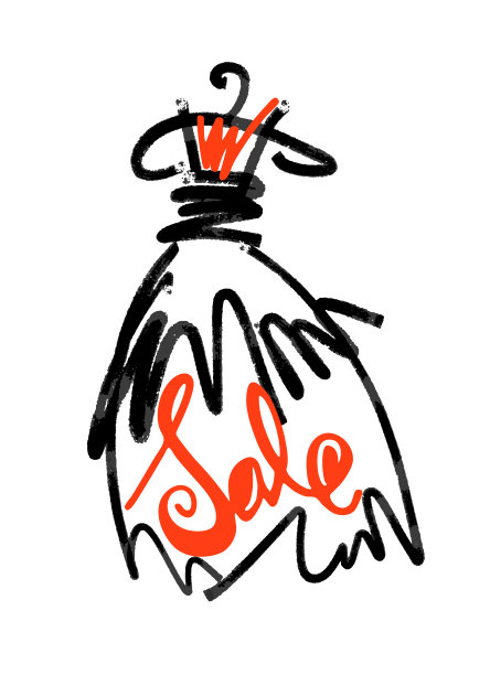 时尚设计矢量插图手绘。女人穿著孤立的白色衣服。衣服在衣架上出售。刻字。图片下载