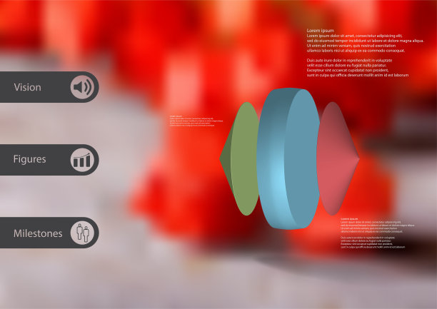 三维插图信息图形模板与颜色圆柱之间的两个圆锥体水平放置简单的标志和样本文本在一边的酒吧。模糊的照片用作背景。图片下载