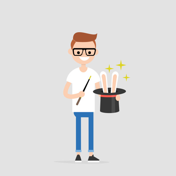 年轻的巫师拿着一顶里面有兔耳朵的帽子。魔杖。平面可编辑矢量插图，剪辑艺术图片下载