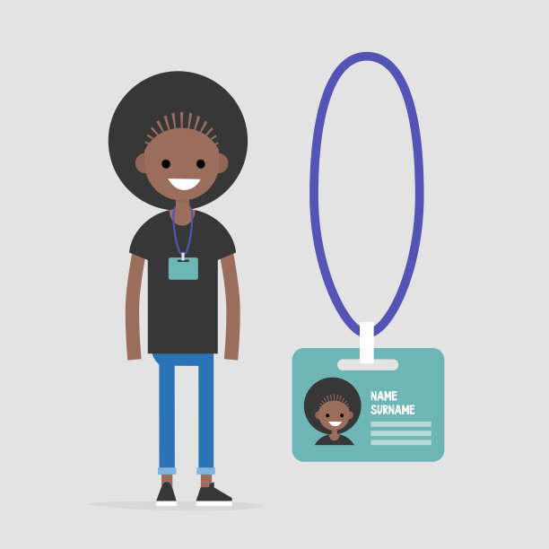 年轻的黑人女员工，戴着徽章。个人信息。会议的参与者。平面可编辑矢量插图，剪辑艺术图片下载