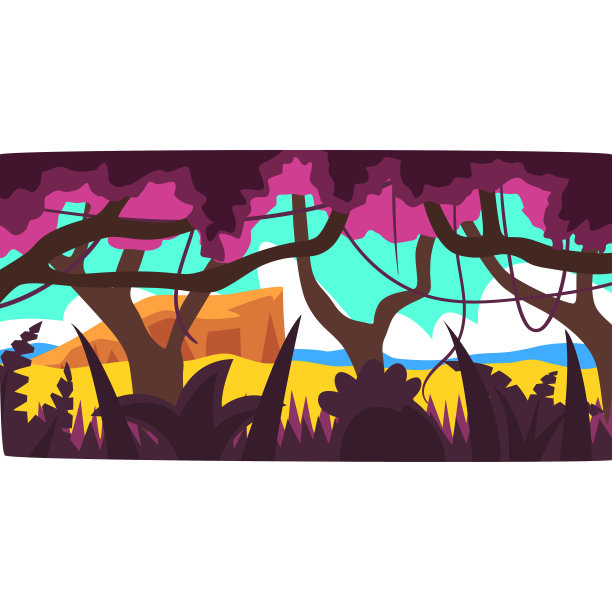 热带丛林，绿林背景与树叶，灌木和树木，热带雨林风景在一天的时间矢量插图图片下载