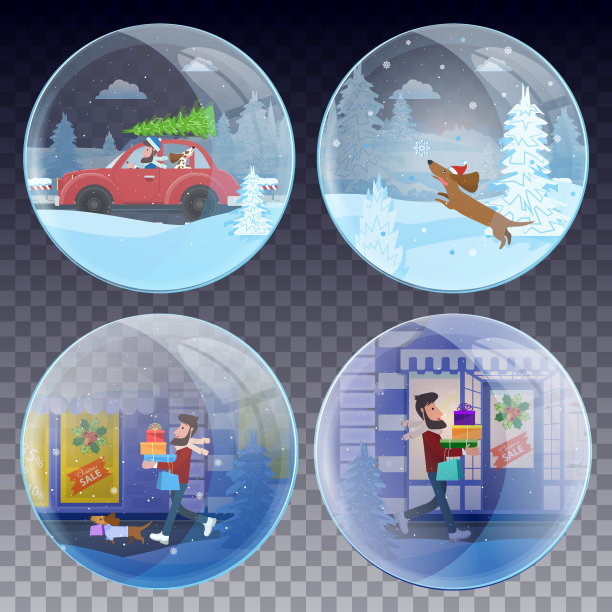 一组圣诞雪花球:一个男人和他的狗正在为圣诞节做准备。向量图片下载