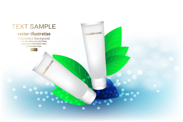 化妆品产品广告泡沫管自然离开蓝色的水背景-矢量插图图片下载