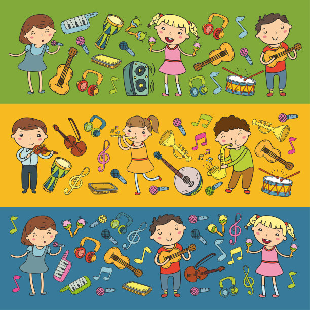儿童音乐学校矢量插图儿童唱歌，弹奏乐器幼儿园涂鸦图标收集插图为儿童音乐课图片下载