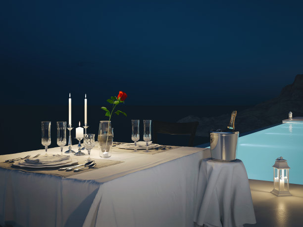 泳池别墅的3d渲染与香槟。新年前夕图片下载