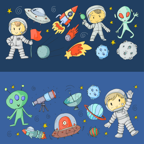 月球表面。幼儿园的孩子们玩太空探索。外星人,ufo,飞船。火箭发射的。孩子，男孩和女孩与月球，火星，土星，木星图片下载