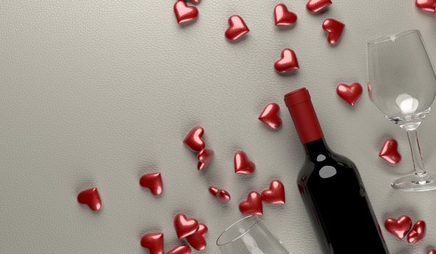 红酒瓶，玻璃和红心图片下载