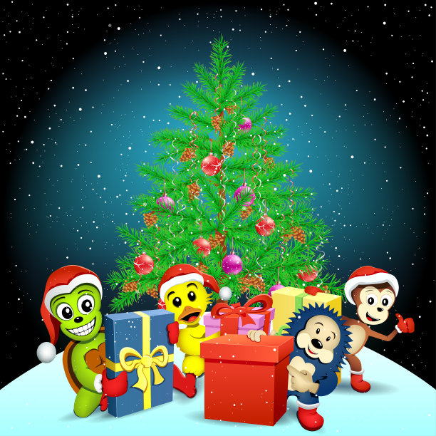 动物圣诞树节日礼物图片下载