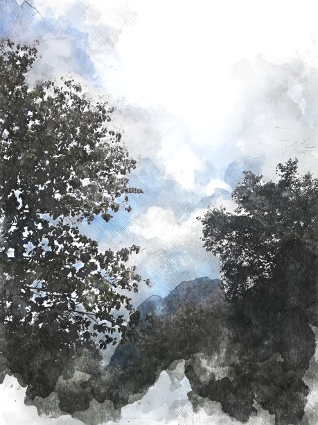 抽象美丽的树木和风景在彩色水彩画的背景上。图片下载