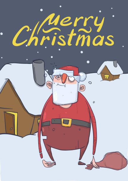圣诞卡片上滑稽的醉醺醺的圣诞老人拿着一个袋子站在下雪的夜里房子旁边。圣诞老人喝醉了。垂直的矢量图。卡通人物。用拷贝空间刻字。图片下载