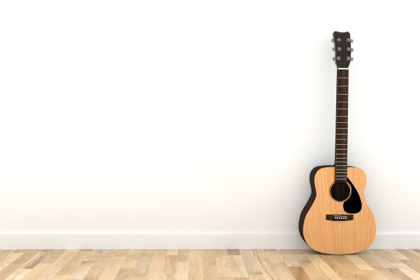 原声吉他在空的白色房间木地板在3D渲染图片下载