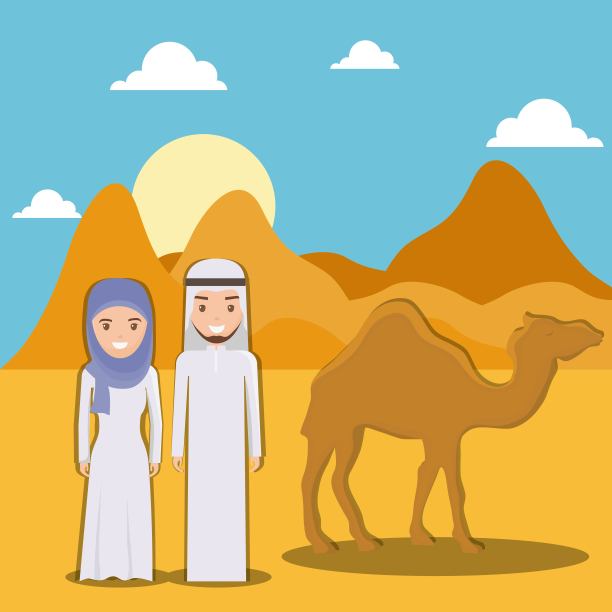 干燥沙漠景观与阿拉伯夫妇设计图片下载