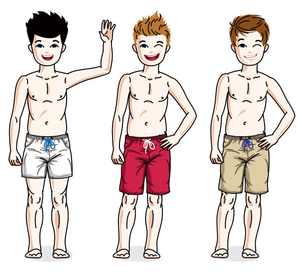 可爱的小男孩们穿着沙滩短裤站在那里。矢量儿童插图集。图片下载