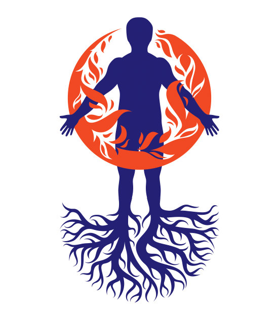 矢量插图的运动员组成与树根，火人作为一束强大的能量覆盖着一个火球。图片下载