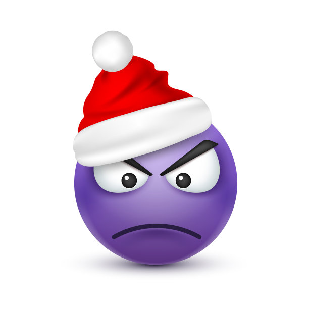 笑脸,表情符号。紫色的表情，带着情感的脸和圣诞帽。新的一年,Santa.Winter。伤心,高兴,生气的脸。有趣的卡通character.Mood。向量图片下载