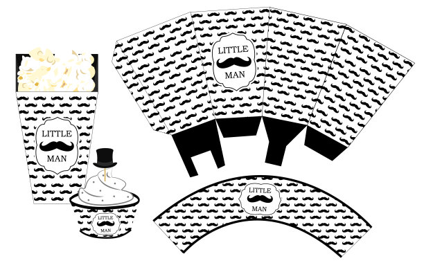 爆米花纸盒。蛋糕包装。打印模板为小男人的生日(婴儿送礼男孩)派对。图片下载