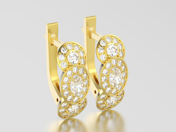 3D插图黄黄金三石单粒钻石耳环铰链锁在灰色背景图片下载
