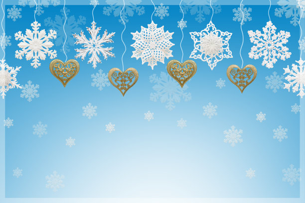 圣诞和新年装饰品:蓝色背景上的雪花和金色的心。图片下载