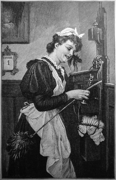 年轻的女仆在打扫房间的时候在打电话- 1896图片下载