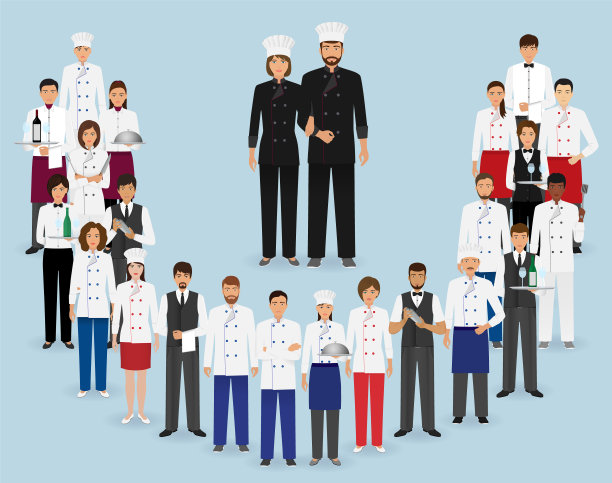 餐厅员工穿制服。餐饮服务角色:厨师、厨师、服务员、调酒师。图片下载