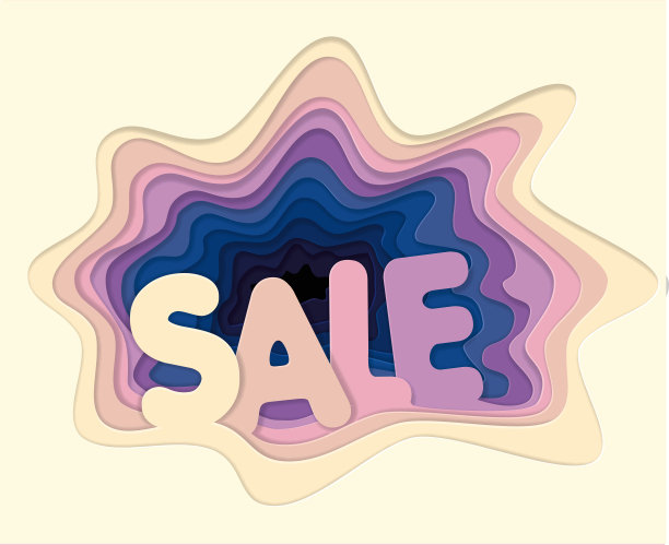 销售概念横幅插图模板。折扣，促销，特别优惠海报，商店橱窗，网站。粉红色和黄色粉彩纸字体内的抽象曲线形状。蓝色紫色的背景。平面设计元素。3 d图片下载