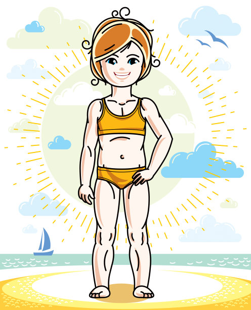 快乐的红发小女孩穿着明亮的泳衣在阳光沙滩上摆姿势。向量的性格。图片下载