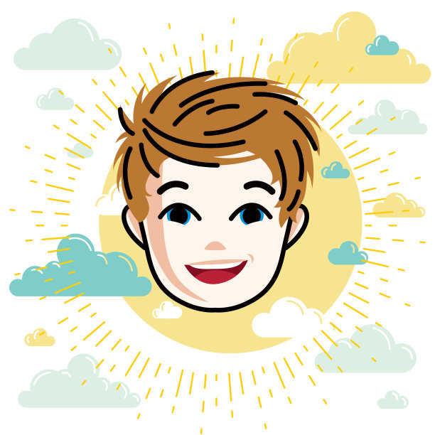 男孩脸，矢量人头插图，人像。红头发的青少年表达积极的情绪。图片下载