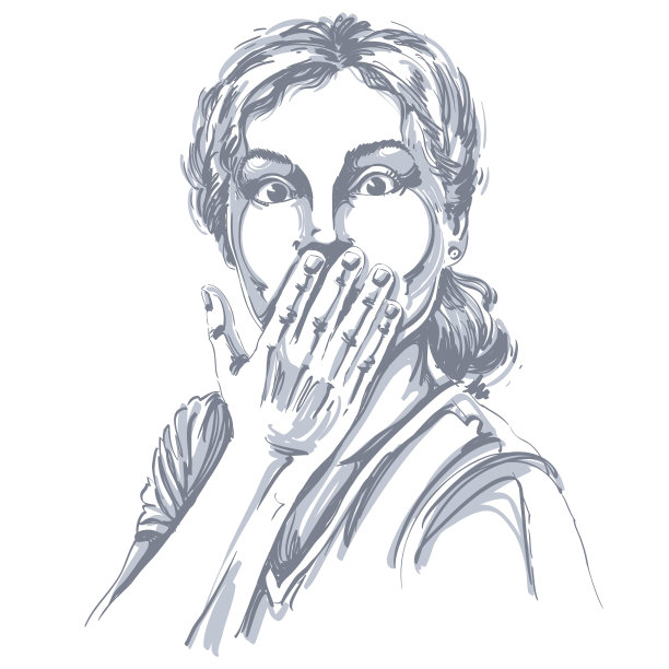 单色矢量手绘图像，震惊年轻女子。黑色和白色的插图惊讶的女士把她的手靠近嘴。图片下载