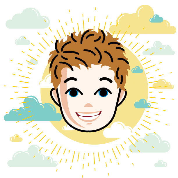 男孩脸，矢量人头插图，人像。红头发的青少年表达积极的情绪。图片下载