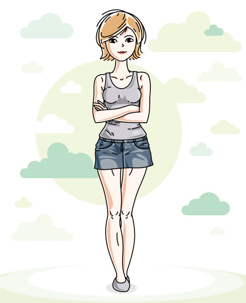 美丽的年轻的金发女人站在蓝天白云的背景，穿着时尚的休闲衣服。矢量插图。素材图片