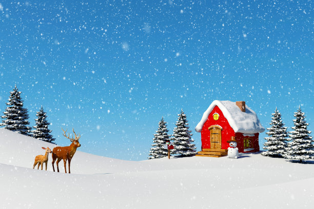 圣诞背景，小红木屋与雪人在冬季景观图片下载