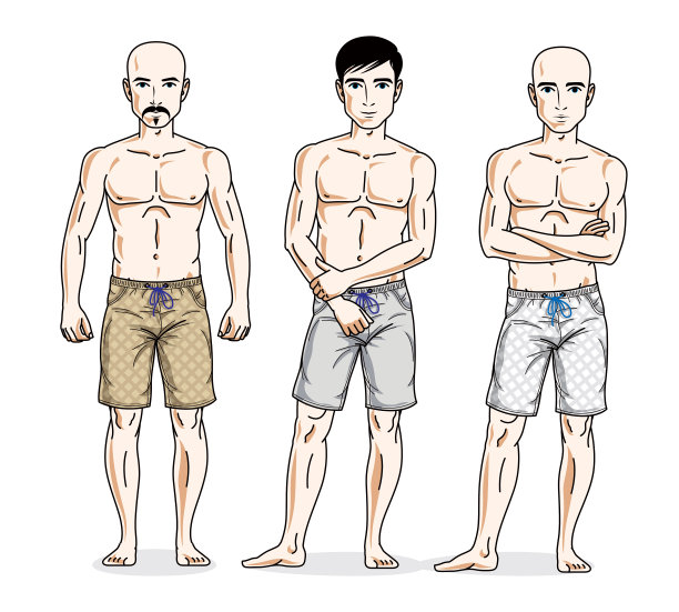 英俊的男人穿着沙滩短裤站在那里。矢量人插图集。图片下载