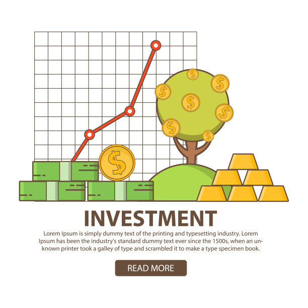 投资业务概念统计黄金和证券。金融股票市场盈利。货币的树。平面线性艺术。图片下载