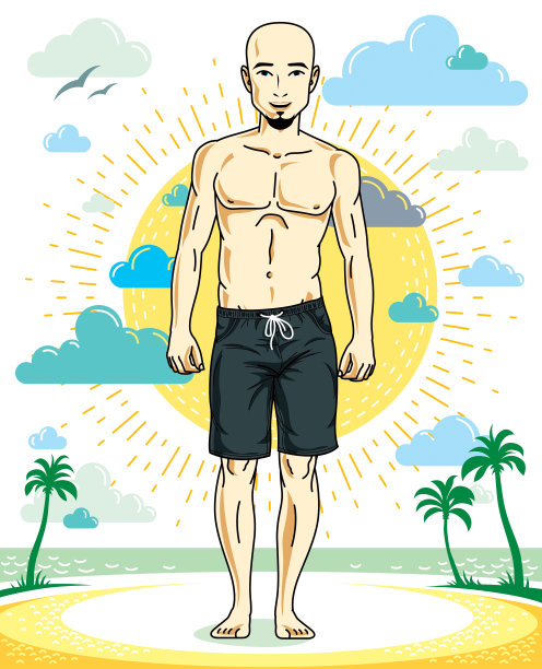 英俊的没有头发的年轻人，胡子站在热带海滩上，穿着明亮的短裤。矢量运动男性插图。暑假生活方式主题卡通。图片下载