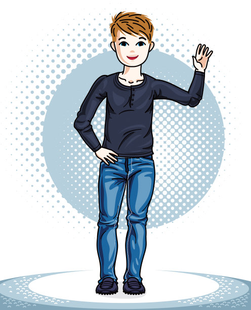 漂亮的男孩站在时尚的休闲衣服。向量的孩子说明。童年生活方式的卡通。图片下载