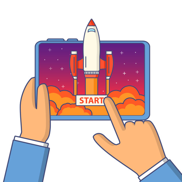 业务概念启动如火如火，推出了移动应用程序。科学宇宙飞船从智能手机飞起来。图片下载