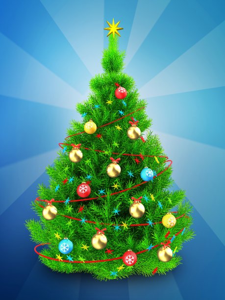3d霓虹绿色圣诞树在蓝色图片下载