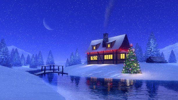 雪夜的房子和结冰的河流图片下载